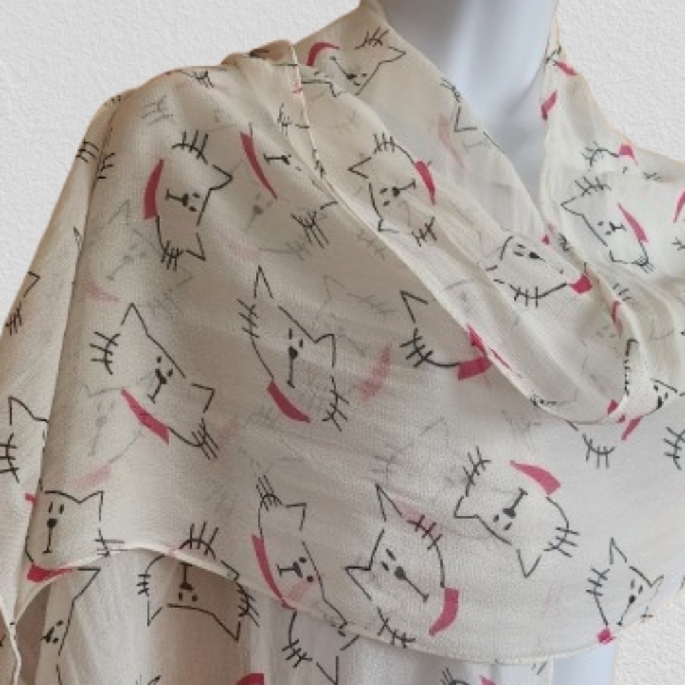 Whimsical Cat Print Scarf in Cream Rayon